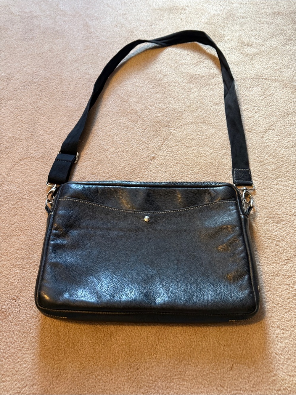 Roots Black Leather Laptop Bag with Adjustable Strap